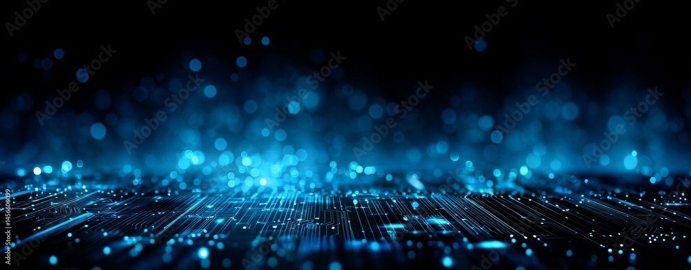 Poster a digital network circuit board forms the backdrop of an abstract banner, illuminated by a radiant g