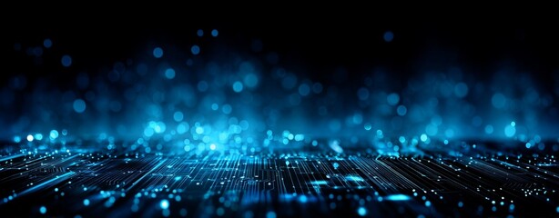 Obraz premium A digital network circuit board forms the backdrop of an abstract banner, illuminated by a radiant glow and interconnected data points in shades of blue and black, symbolizing big data technology
