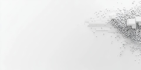 Abstract geometric design featuring scattered, small white cubes and dots on a plain white background.  