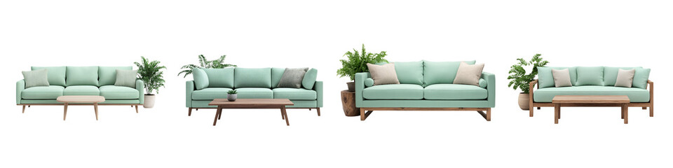 Fototapeta premium Elegant modern living room with mint green sofas and natural decor.