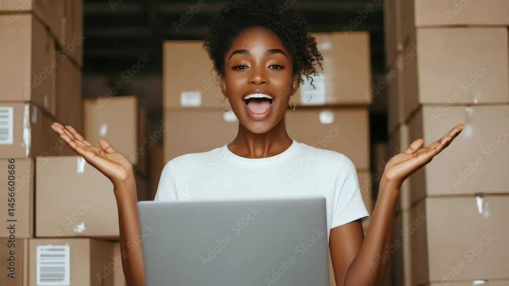 Poster smiling businesswoman manages warehouse operations on her laptop, overseeing distribution and optimi