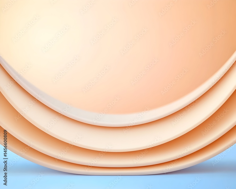 Poster abstract image of curved, layered pastel shapes on a light blue background. the shapes create a sens