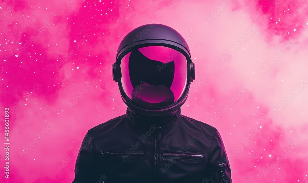 Poster astronaut in sleek suit floating in cosmic pink nebula background