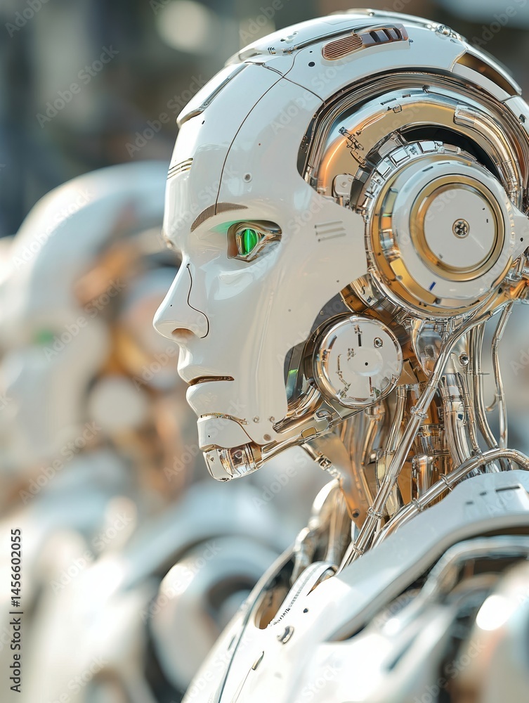 Poster robotic android headshot profile futuristic technology artificial intelligence sci-fi concept close 