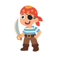 A young boy dressed as a pirate is holding a sword and wearing a red bandana. He is smiling and he is happy