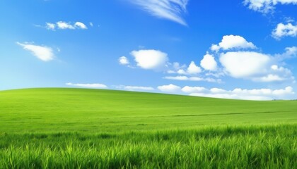 Fototapeta premium a wide, open prairie with endless green grass swaying gently in the breeze. the sky above is a deep blue, dotted with a few fluffy white clouds