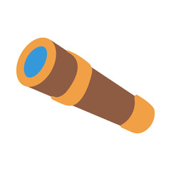A wooden telescope with a blue lens. The telescope is on a white background. Concept of curiosity and wonder, as if the viewer is looking through the telescope to explore the world beyond