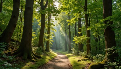 Obraz premium a tranquil forest path lined with towering trees covered in vibrant green foliage. sunlight filters through the canopy, casting dappled light onto the moss covered ground