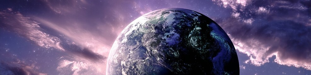 In the vastness of space, a planet exists with an ethereal atmosphere, marked by swirling blue violet clouds and a star-filled universe