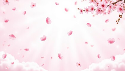 Obraz premium seamless watercolor cherry blossom pattern with sakura petals floating in soft breeze, pink and white tones over a light sky background with poetic, airy feeling.