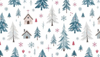 Obraz premium nordic winter watercolor pattern with pine trees, snowflakes, and cozy cabins, seamless design in icy blue and soft gray with warm details.