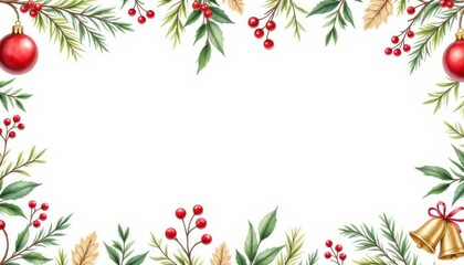 Fototapeta premium christmas watercolor seamless pattern with holly, pine branches, ornaments, and bells, painted in rich red, forest green, and gold accents.