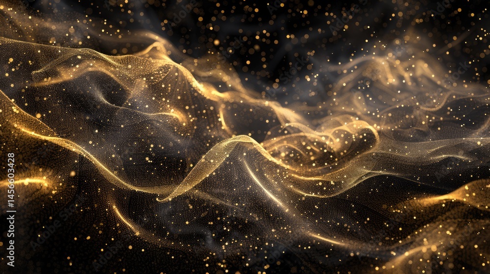 Poster elegant picture of gold light sparkling particles scattered across a deep black background, create a