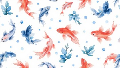Fototapeta premium watercolor underwater fish pattern with koi, bettas, and bubbles, seamless swimming motion in soft coral and ocean blue tones.