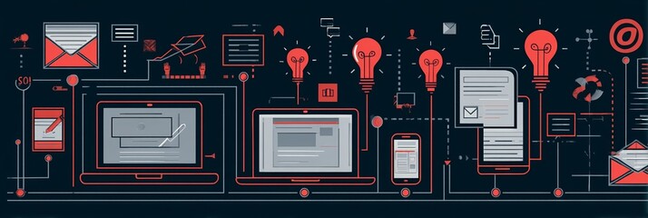 A vibrant four-panel infographic banner is presented in the Digital Communication Infographic, showcasing a range of digital communication tools and concepts, ideal for professional networking sites
