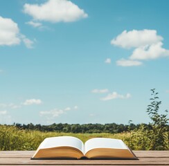 Open Book on Wooden Table with Scenic Nature Background and Sky