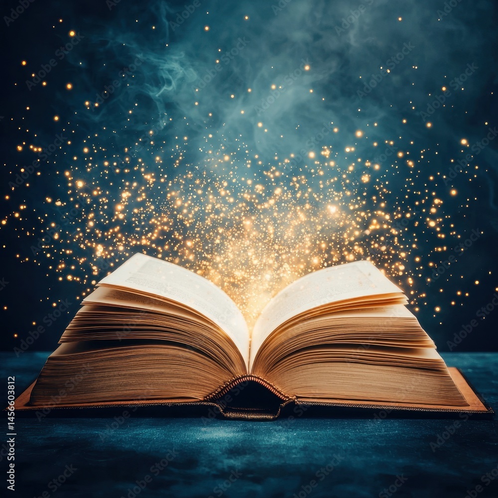 Poster magical open book with sparkling light on dark background