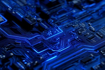 A close-up shot of a computer chip reveals a complex pattern of blue and black lines