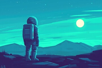 Obraz premium Astronaut gazing at a luminous moon over distant alien landscape