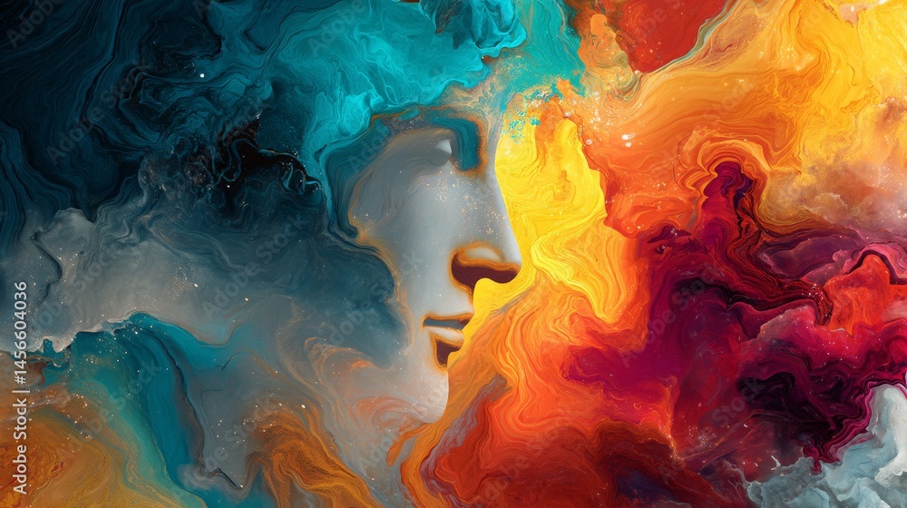 Poster an abstract cosmic background with swirling patterns and a colorful iridescent sheen that shimmers a