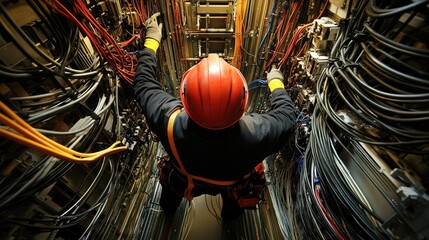 Electrician Working on Complex Wiring in a Narrow Space
