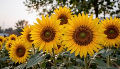 Obraz premium Vibrant sunflowers in a sunny garden setting.