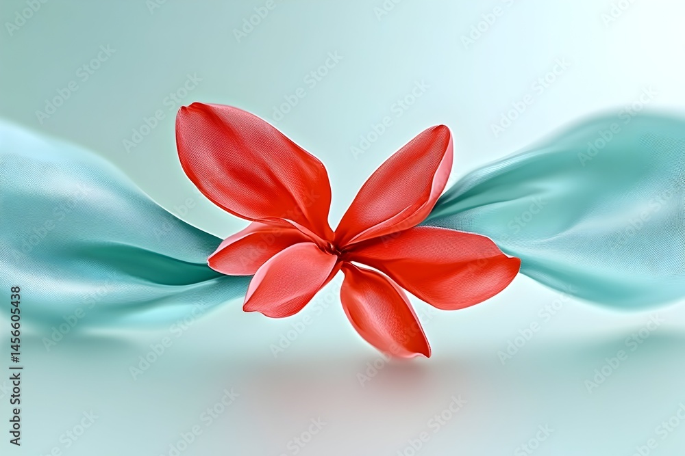 Poster red flower-like form nestled within flowing teal silk, creating an elegant and serene composition