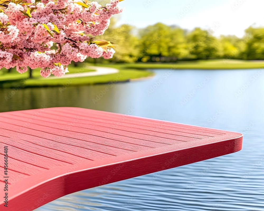Poster red, rectangular platform overlooking serene lake and blossoming tree. ideal for showcasing products