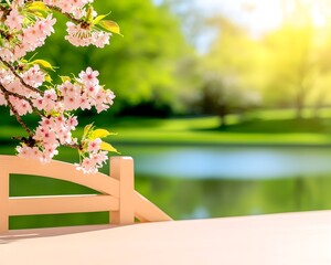 Serene spring scene delicate pink blossoms grace a white fence overlooking a tranquil pond and lush green landscape bathed in warm sunlight
