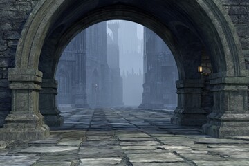 Naklejka premium Entrance to a deserted land of ruined cities in a fantastical surreal 3d illustration