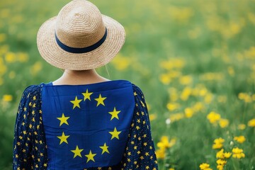 Woman Wearing European Flag in Flower Field During Summer Day