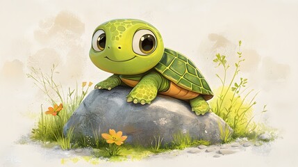 Fototapeta premium Cute little turtle on a rock in a grassy scene.