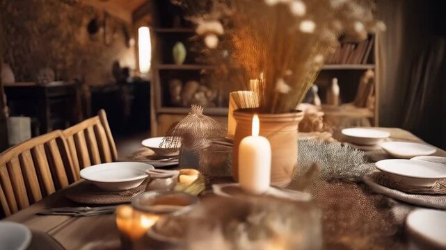 Ein gro&szlig;er Holztisch mit Kerzen, Trockenblumen und altem Geschirr. Ein gem&uuml;tlicher Essbereich voller l&auml;ndlichem Charme.