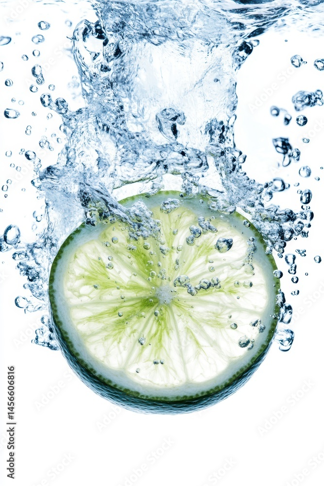 Poster lime slice splashing into clear water close-up shot on white background refreshing summer drink ingr