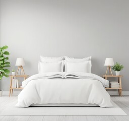 Obraz premium Cozy Minimalist Bedroom Interior with White Bedding and Plants