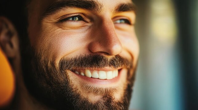 A close-up portrait of a happy man with a beard, showcasing his joyful expression and bright smile. The soft natural lighting enhances the warmth and charm of the moment.
