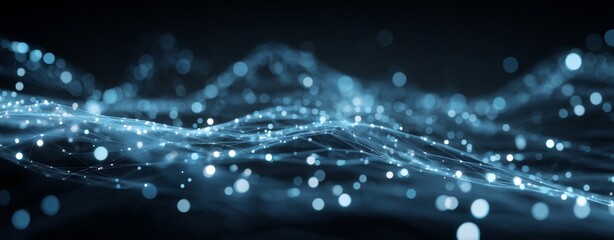 Futuristic abstract blue tech backgrounds typically include digital waves, particles, and artificial neural networks integral to cyber computing, as seen in this abstract blue teal data technology
