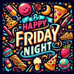 Obraz premium Happy Friday night party neon sign vector with brick wall background