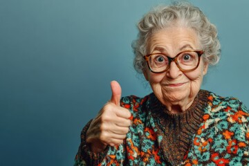 Funny elderly woman showing thumbs up wearing glasses