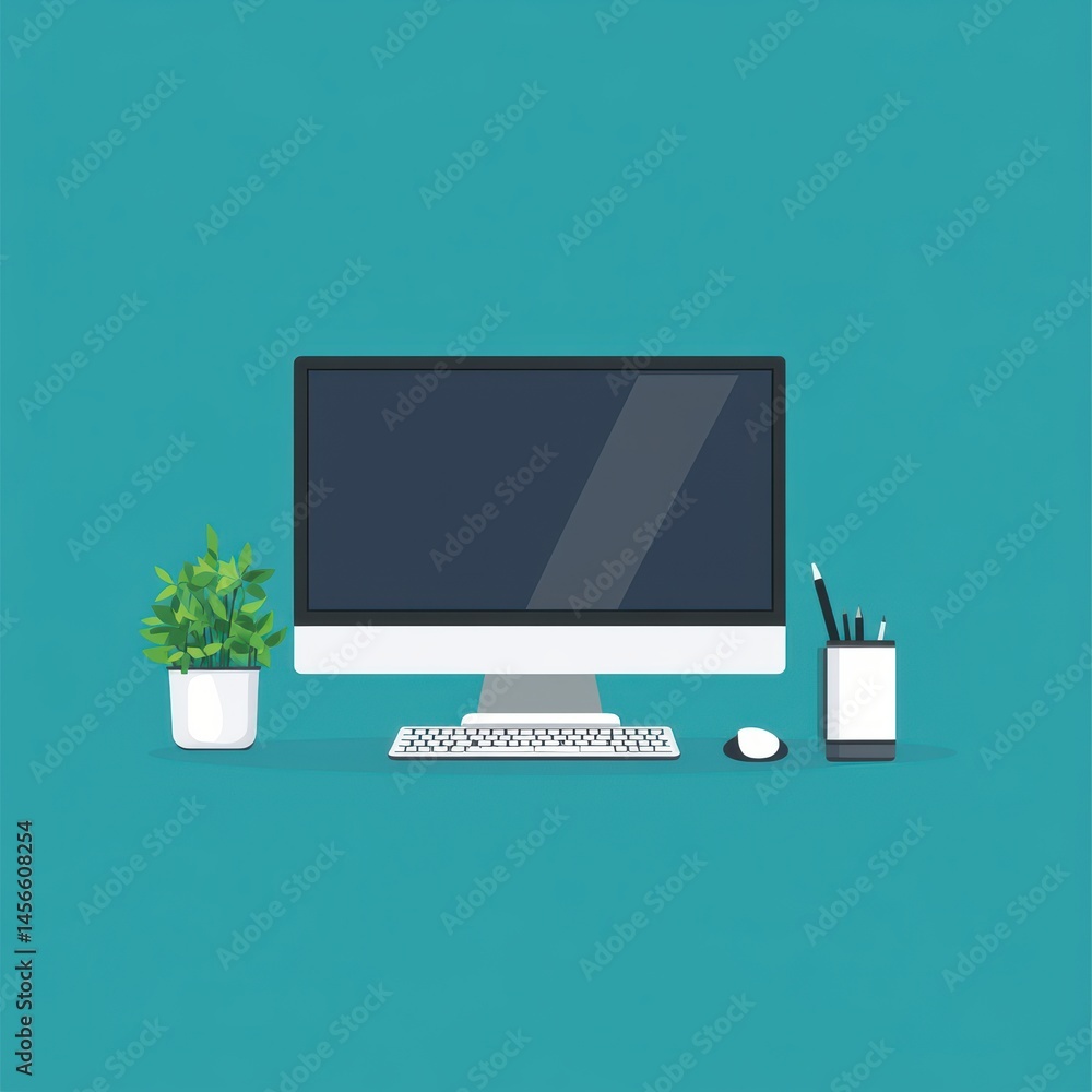 Aufkleber minimalist computer setup on desk still life flat lay view of desktop keyboard mouse plant and pen h
