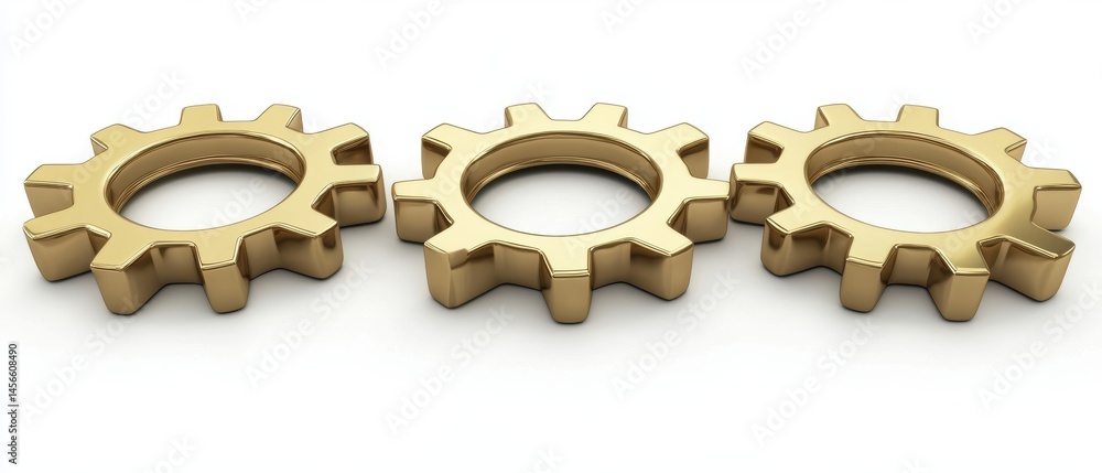 Poster three golden gears interlocking on white background studio shot symbolizing collaboration and innova