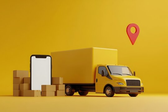 Modern yellow delivery truck with smartphone and packages, perfect for online shipping on a vibrant yellow background