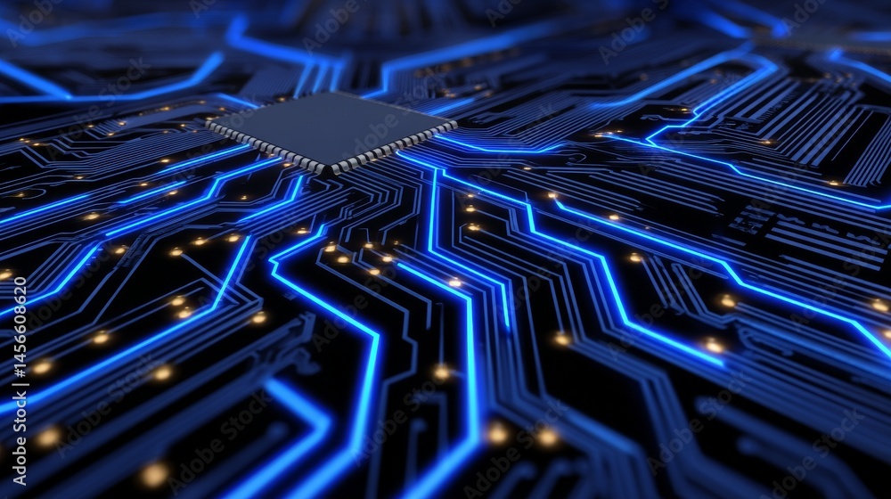 Poster a futuristic background representing information technology contains a motherboard integrated circui