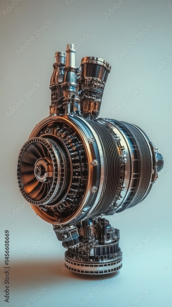 Poster jet engine close-up showing intricate internal components and metallic sheen in studio lighting for 