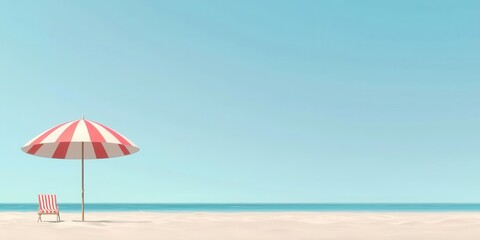 Quiet Beach Scene with Red Striped Umbrella and Empty Chair