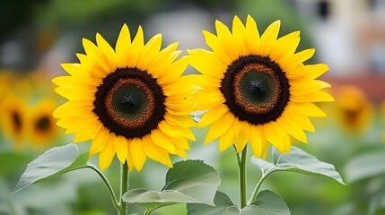 Obraz premium Stunning Pair of Bright Yellow Sunflowers Blooming in Field