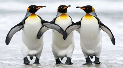 Obraz premium Three king penguins standing together on a beach, wings touching.