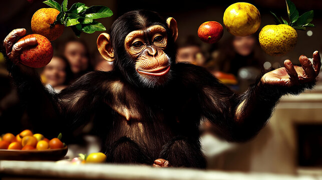 Playful chimpanzee surrounded by flying fruit, amidst blurry figures.  A primate enjoying a fruit-filled scene