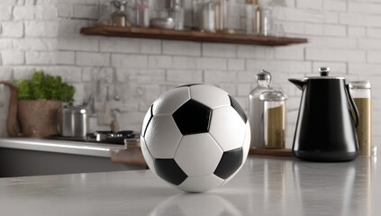 The middle of a cozy kitchen is dominated by an enormous soccer ball, which is encircled by typical kitchen gadgets and breakfast treats, resulting in a quirky and carefree atmosphere