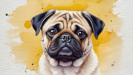 A Pug Dog puppy vector illustration in watercolor painting splash.